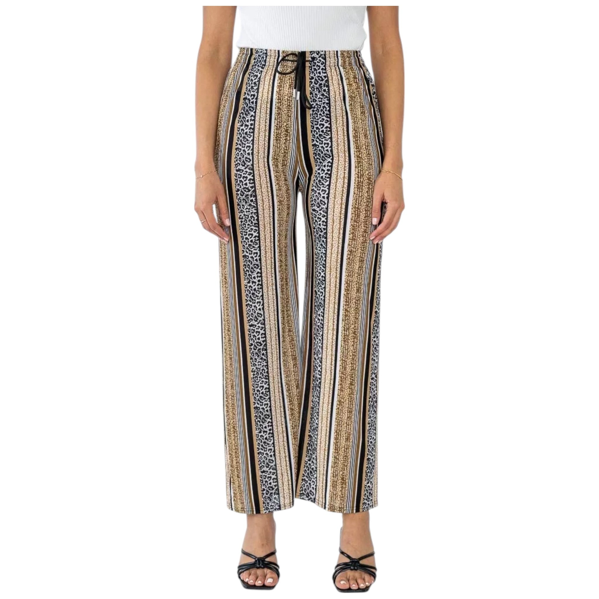 Ladies brown striped palazzo trousers with leopard print – high waist wide leg summer pants